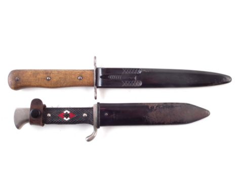 German WW2 Third Reich Hitler Youth knife and scabbard, the blade feintly marked RZM M7/? 1940 also a German boot knife and s