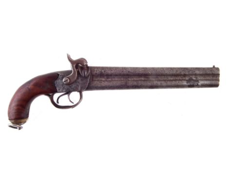 Percussion double barrel 22 bore pistol , with scroll engraved boxlock action, and lanyard ring grip, 36cm long Section 58(2)
