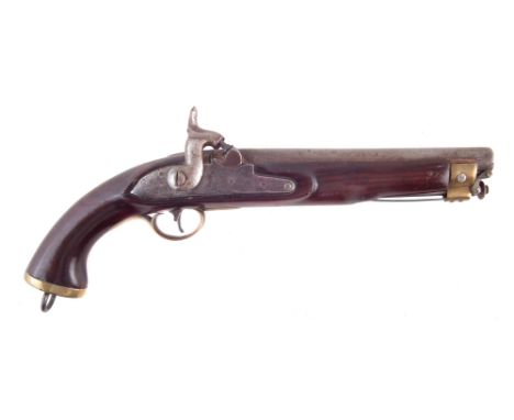 East India Percussion .650 pistol, converted from flintlock, with swivel ram rod, brass furniture and butt cap with lanyard r