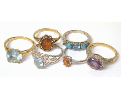 Six 9ct gold dress rings, including three set with topaz, one with amethyst, one with citrine and one synthetic sapphireCondi