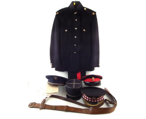 British Army R.E.M.E dress uniform with cap , also a French Kepi stamped '56' a Scot's Guards cap and one other cap with embr