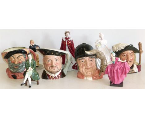 Royal Doulton Delight, Gentleman from Williamsburg, Tom Brown, Royal Worcester Queen Elizabeth II, one other figure adn four 