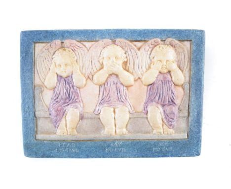 Compton pottery plaque, hear no evil, say no evil and see no evil, impressed mark to reverse, 15.5cm wideCondition reports ar