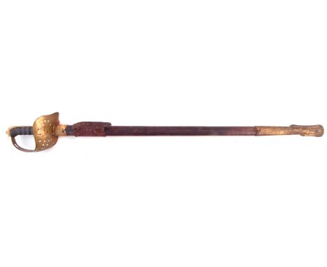 1897 pattern sword and leather covered scabbard , stamped ISD, Indian Supply Department, 106cm long