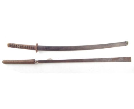 Japanese Katana, with pierced iron tsuba and lacquer and wood scabbard, signed tang together with a Burmese Dha, (2) the larg