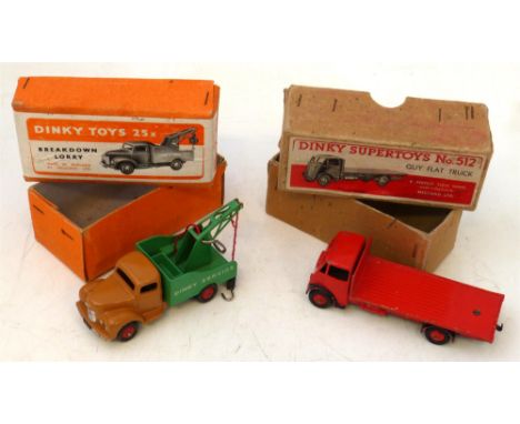 Dinky toys 25 x breakdown lorry in orange box with pictorial label and Dinky Supertoys Guy flat truck 512 in original box wit