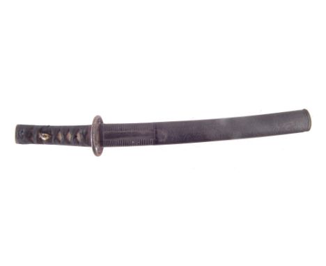 Japanese Wakizashi, with lacquer and wood scabbard, pierced iron tsuba, 59cm overall length including scabbard.