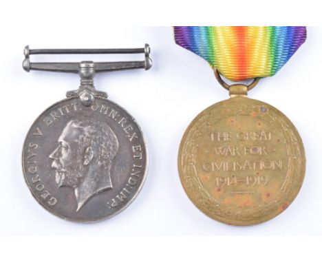 A World War One pair of medals awarded to 35096 PTE. J. B. USHER BORD. R. to include Victory Medal and British War Medal 1914