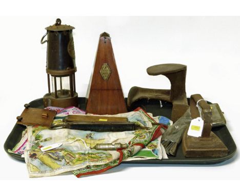 Metronome, protector miners lamp, last "The Metropolitan" whistle, boxwood 2' ruler, salter spring scales, ten souvenir hankl