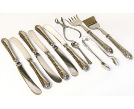 A set of six handled butter knives, sugar nips, tongs and a pair of silver fork and scoop, and a condiment spoonCondition rep