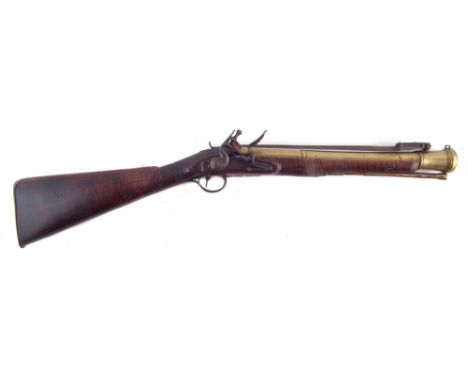 Flintlock Blunderbuss by Richardson, with spring bayonet, brass cannon barrel, flamed Ash stock, diamond and dot chequering, 