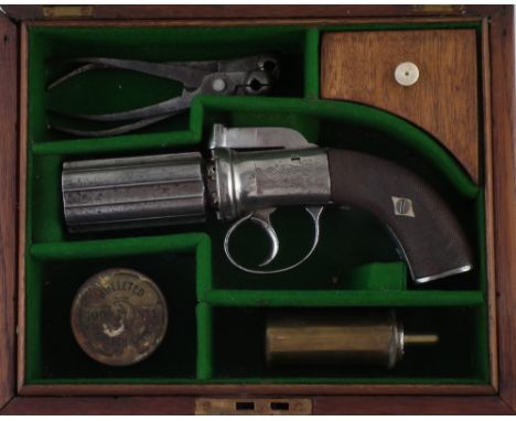 Percussion .120 bore pepper pot pistol, with scroll engraved metalwork chequered stock, fitted into a mahogany case containin