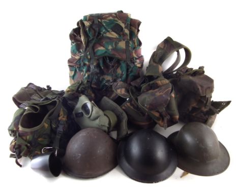 Quantity of modern military equipment, to include a Bergan, General Purpose OPs waistcoat, Yoke Main DPM IMR, three helmets, 