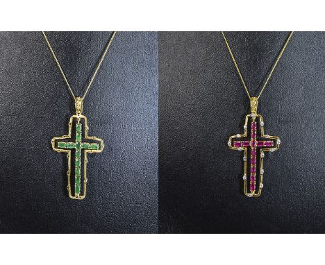 Ruby, Emerald and White Zircon Double Sided Cross Pendant and chain; the cross, which swivels to show all oval cut rubies to 