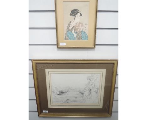 A pencil sketch, Aysgarth Falls, dated sept 27, 1831, 23 x 33cm, framed and glazed, and a print, Japanese lady, 22 x 15cm, fr
