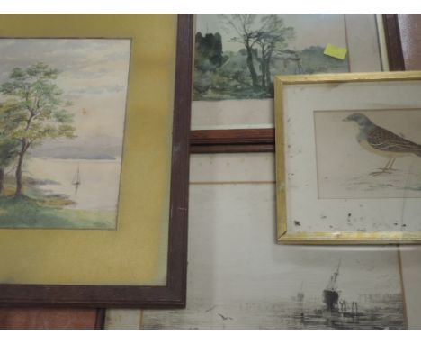 A watercolour, HMC, lake scene monogrammed, 24 x 17cm, framed and glazed, and three prints, inc George Sheffield, seascape, 1
