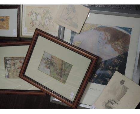A selection of decorative pictures, inc print after Armour, hunting interest, 18 x 11cm, framed and glazed, and a pencil sket