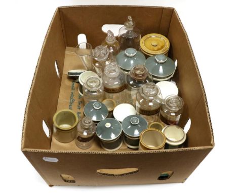 Pharmaceutical Bottles a collections of 8 clear glass with labels, various ceramic examples unlabelled)