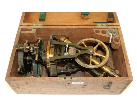 Stanley Theodolite no.11305, with compass having Vernier scale to edge and three levels (cased)