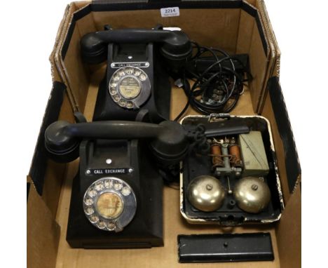 GPO Telephones Two 312L Examples both in black together with a wall mounted bell set (3)