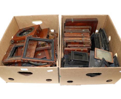 Mahogany Plate Camera Parts a box of assorted items together with a box of slider holders