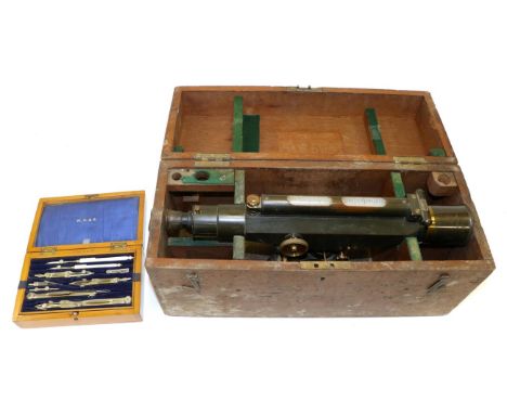 Stanley Surveyors Level dark grey lacquered finish (cased) together with a set of WH&S Drawing Instruments including two with