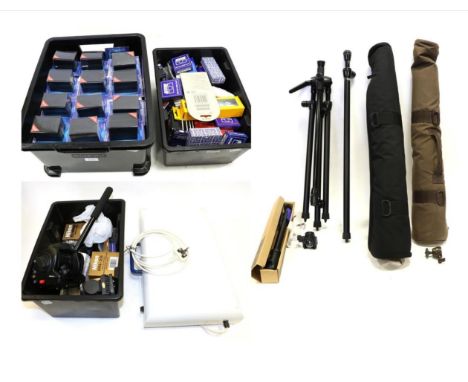 Various Cameras Related Items including Benbo tripod, Uni-Loc Tripod, Manfrotto tripod head, Carry Bags, assorted accessories
