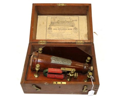 J R Chislett's Conical Electro-Magnetic Machine in mahogany case with plaque to cone indicating Patents dated 1873 and 1886, 