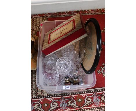 Box of assorted Glassware inc. Silver topped scent bottle, net bottle and Binoculars etc