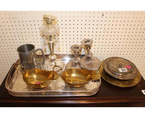 Collection of Silver-plated tableware inc. galleried tray, candlesticks, Pair of Sauce boats etc 