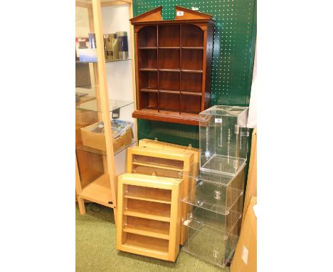 Wooden Shelf unit with split pediment top and 3 Collectors cabinets 