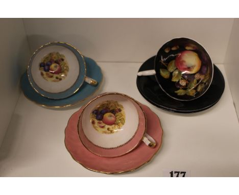 Collection of 3 Aynsley Fruit decorated Cups and Saucers, 2 Signed D Jones 
