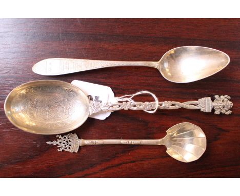 Collection of Spoons to include a Paul Orr Madras Indian Silver serving Spoon, Selangor Preserve spoon and a Schoppe dessert 