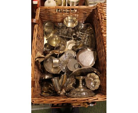 Cane Picnic basket of assorted Silver Plated tableware inc. Toast Racks, Pierced bowls etc 