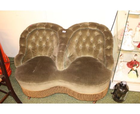 Victorian Upholstered Button back Love Seat on Turned Legs 