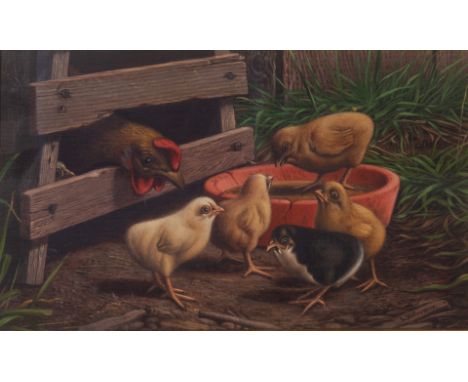 LEVI WELLS PRENTICE (AMERICAN 1851-1935)Hen with Chicks, oil on canvas 18 x 33 cm (7 x 13 in.) signed lower right and on vers