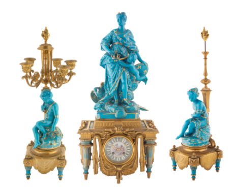 A THREE-PIECE ORMOLU-MOUNTED MINTONS OR MINTONS STYLE PORCELAIN DESK CLOCK SET, LATE 19TH CENTURYin Neoclassical taste, featu