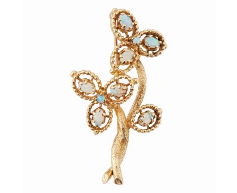 14K GOLD FLORAL BROOCH WITH OPALin Art Nouveau taste, the gold is shaped into two flowers with seven oval cut opals inset in 