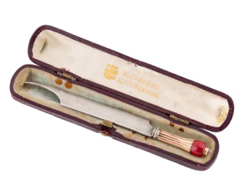 A RUSSIAN GOLD, DIAMOND AND PURPURINE-MOUNTED SILVER LETTER OPENER, WORKMASTER FYODOR AFANASIEV, ST. PETERSBURG, 1908-1917the