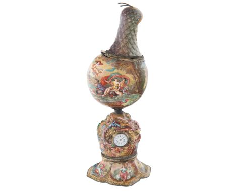 AN AUSTRIAN ENAMEL VESSEL WITH CLOCK, LATE 19TH CENTURY the body formed as a nautilus atop a spreading petal foot, enamelled 