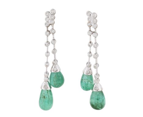 18KT WHITE GOLD AND JADE DROP EARRINGSfour in total rounded and polished jade stones, paired off and thirty-six round cut dia