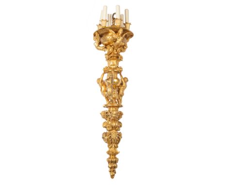 A FRENCH ORMOLU TORCH SUSPENSION, LATE 19TH CENTURYsix-light, the top supported by four sirens, the tier below by four pitti,