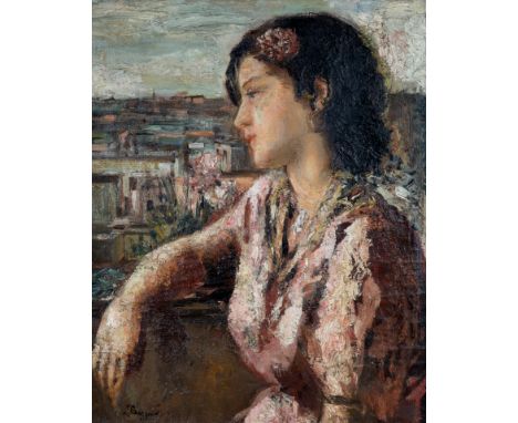 LEONARDO, BAZZARO (ITALIAN 1853-1937)Woman in Pink with View, oil on canvas 60 x 50 cm (23 1/2 x 19 3/4 in.) signed lower lef