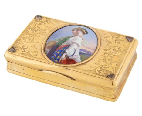 A GOLD AND ENAMEL SNUFF BOX, LIKELY SWISS, 19TH CENTURY rectangular, the cover with an enamel cartouche depicting a pair of m