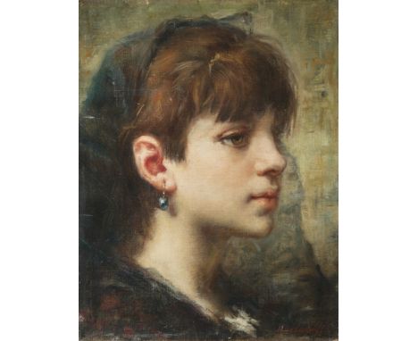 ATTRIBUTED TO ALEXEI HARLAMOFF (RUSSIAN 1840-1925)Portrait of a Girl with Blue Earring,  oil on canvas 28 x 21.5 cm (11 x 8 1