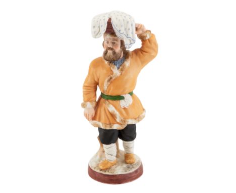 A RUSSIAN PORCELAIN FIGURE OF A FISH VENDOR, GARDNER PORCELAIN FACTORY, VERBILKI, MOSCOW, 1870S-1890Sthe bearded fish seller 