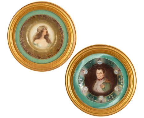 TWO CIRCULAR FRAMED NEO-CLASSICAL STYLE EASTERN EUROPEAN HAND-PAINTED PORTRAIT PLATES, 20TH CENTURYcomprising:   a) half bust