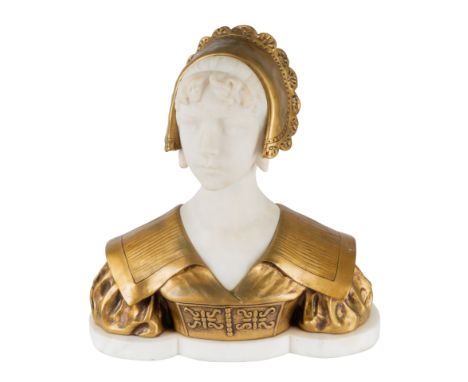 RICHARD AURILI (ITALIAN 1834-1914)Bust of a Young Woman in Bonnet,  ormolu-mounted marble height including base: 40.5 cm (18 