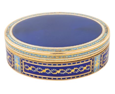 A FRENCH GOLD AND GUILLOCHE ENAMEL SNUFF BOX, 19TH CENTURYoval, the covers enamelled overall in brilliant ultramarine, with s