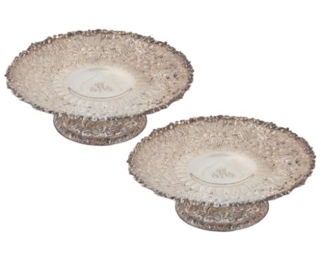 A PAIR OF AMERICAN STERLING SILVER 'FLOWER AND FERN' COMPOTES, TIFFANY &amp; CO., NEW YORK, CIRCA 1873-1891a pair of circular
